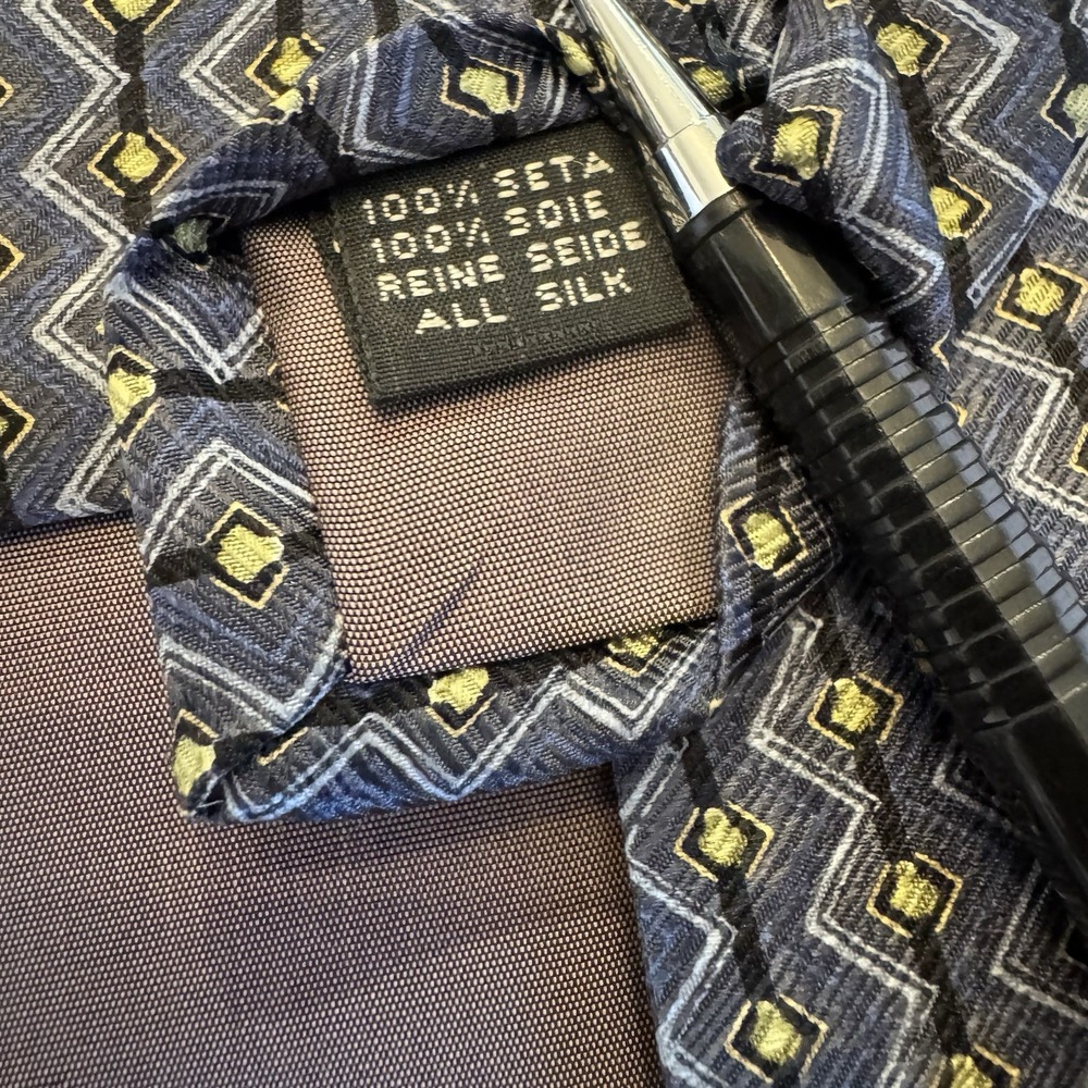 ZINC‎ Z Inc Mens Navy Blue Yellow Black 100% Silk Neck Tie 56 inch Made in Korea - Picture 5 of 6